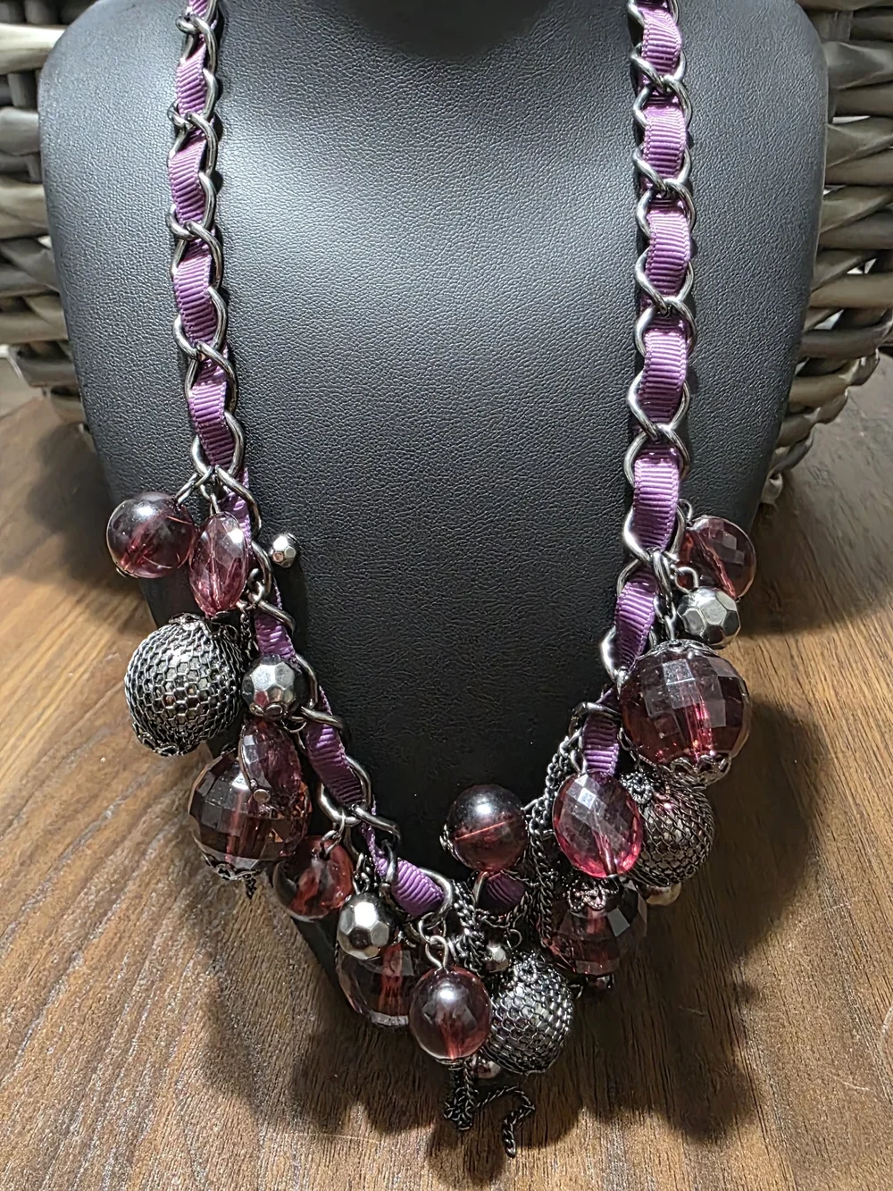 Purple Bead & Ribbon Statement Necklace